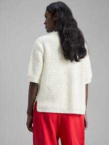 Ontre Women's Cream White Wool Blend Crew Neck Dropped Shoulder Half Sleeve Sweater,Textured Knit Flattering Fit For Autumn,Casual,Elegant,Occasion Office - White - View 4