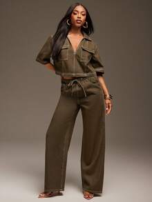 Denimoi Flap Pocket Casual Boxy Cropped Denim Top In Abstract Pattern