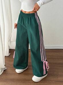 SHEIN PETITE Women's Green Side Contrast Pink Bowknot Elastic Waist Pants Y2k Pants Drawstring Pants Green Pants Track Pants Wide Leg Pants