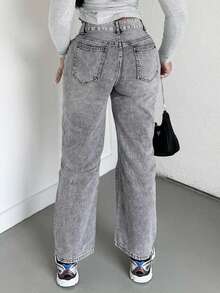 Alexandranx High-Waisted Ripped Loose Y2K Autumn And Winter Warm Jeans Thermal Denim - Light Grey - View 2