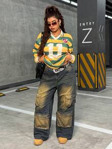 Slaydiva Plus Size Women Vintage Washed High Waist Slimming Straight Leg Cargo Pants, Autumn - Blue - View 3