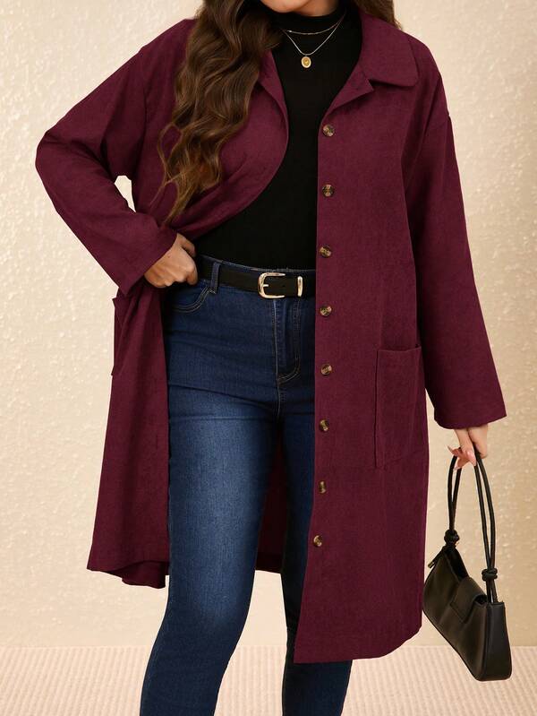 EMERY ROSE Plus Size Country Outfits Women Corduroy Double Pocket Button Placket Midi Coatan,Fall Women Clothes Fall Clothes For Women  Winter Clothes Plus Size Fall Clothing Coats For Women Plus Christmas Women's Clothing  Christmas  Country Style For Women Country Outfits For Women Country Concert Outfit Winter Coats