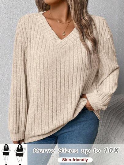 SHEIN CURVE+ Women's V-Neck Casual Loose Sweatshirt, Outerwear