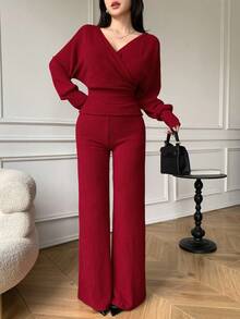 Celisse 2 件套女士优雅重叠领收腰长袖上衣和裤子套装，秋季 - 紅色 - 查看 7