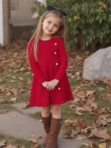 Emery Rose Kids 少女優雅紅白色珍珠鈕扣設計A字洋裝，長袖修身休閒圓領秋季派對洋裝，生日禮物首選 - 紅色 - 查看 10