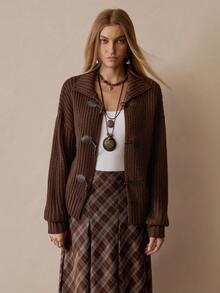 Florisole Women's Casual Commuting School Style Vintage Horn Button Cardigan Sweater, Autumn/Winter Daily Casual - Brown - View 4