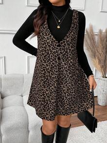 SHEIN Frenchy Women Plus Size Solid Stand Collar Long Sleeve T-Shirt And Leopard Print Suspender Dress Casual 2 Pieces Set, Autumn Leopard Print Dress Cheetah Print Dress Two Piece Outfits For Women Animal Print Dress Plus Size Leopard Print Dress,Fall Clothes For Women