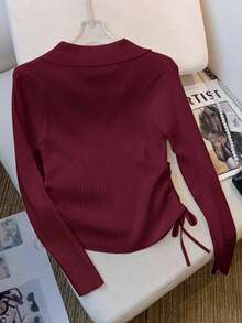 SHEIN 女式长袖上衣，光滑罗纹面料 - 玫紅色 - 查看 2