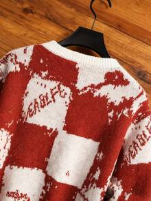 Manfinity Hypemode 男士圣诞家庭装红色格子圆领长袖毛衣，秋冬男士格子圆领宽松毛衣，秋冬男士圣诞毛衣，红色毛衣，格子毛衣，男士套头毛衣，男士针织圣诞家庭卡通图案男士毛衣 - 彩色 - 查看 3