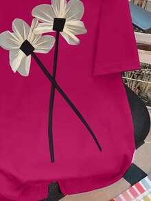 SHEIN LUNE 女士夏季休闲花卉贴片宽松短袖 T 恤图案 T 恤女式上衣 - 玫紅色 - 查看 3
