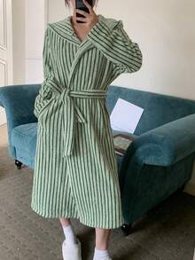 DAZY Áo choàng trùm đầu bằng lông cừu sọc dài dành cho nữ, mùa đông, mềm mại, ấm áp - màu xanh lá - Xem 8