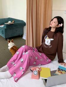 DAZY Cartoon Muster Locker Sitzende T-Shirt Top & Pyjama Hose 2 Stücke Schlafanzug Set für Frauen