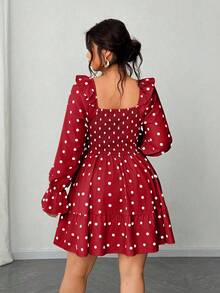Elenzga Robe élégante et romantique à col V profond, volants à l'ourlet, nœud papillon, en mousseline de soie à pois, grande taille - Rouge - Voir 3