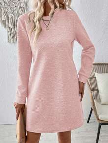 SHEIN LUNE 秋季纯色长袖休闲日常连衣裙 - 淺粉色 - 查看 7