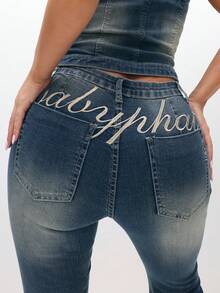 BABYPHAT Low Rise Stretch Denim Bootcut Flare Jeans For Festival Summer Casual Wear - Dark Wash - View 8