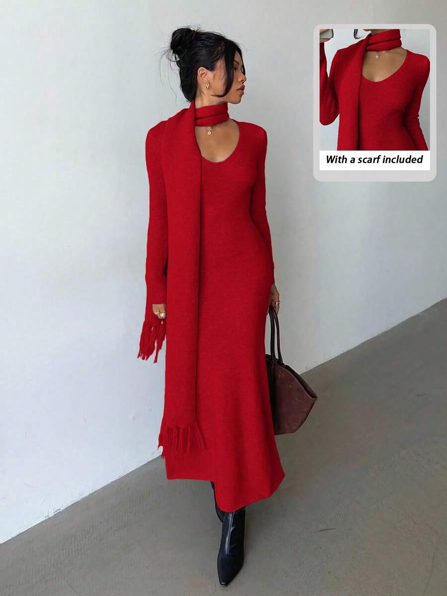 Elenzga Váy len cổ chữ V màu mơ nhạt thanh lịch, đơn giản, thoải mái, phong cách cổ điển kèm khăn tua rua, thích hợp cho việc đi lại và đi chơi vào mùa thu/đông - Đỏ - Xem 1
