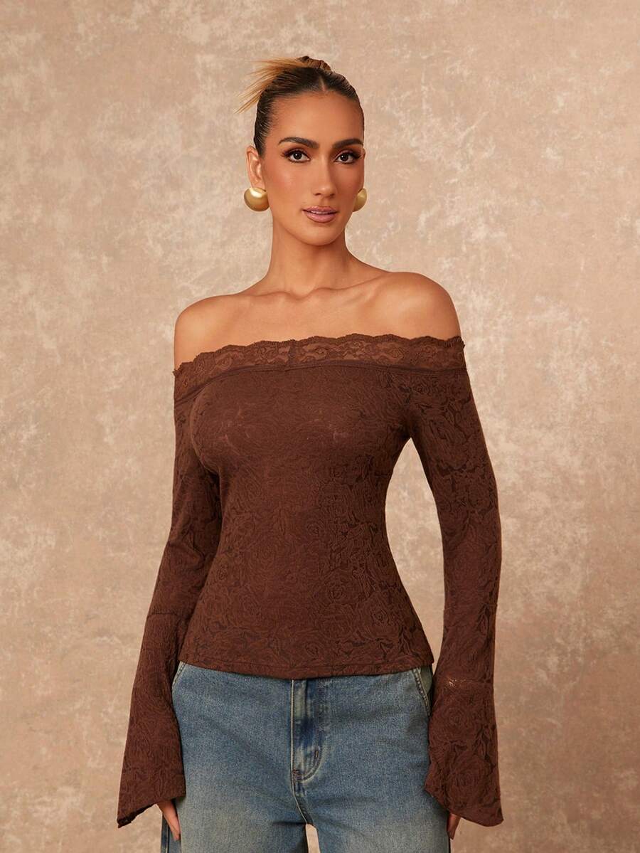 Lumalex Fall Winter One-Piece Collar Fitted Flare Sleeve 3D Rose Flower Women Top Eleganza Glamour Elegant New Style Women Luxury Prom Gathering Party Banquet Modest Old Money Coquette Glitter Holiday Party Rave Festival Outing Vacation Hot Outdoor Richly Layered Wedding Season Banquet ID Al-Adha Al-Adha Party New Year Brown Lace Top Off The Shoulder Long Sleeve Chocolate Brown Top Coffee Brown Top Brown Tops For Women