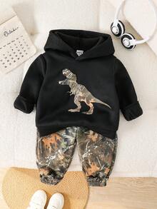 2件套男/女婴休闲运动街头风基础款简约时尚迷彩卡通恐龙印花连帽卫衣和运动裤套装，适合居家、外出、生日派对、洗礼、周岁生日、晚宴、演出、婚礼、秋冬季恐龙主题服装，恐龙男婴套装迷彩服 - 彩色 - 查看 5