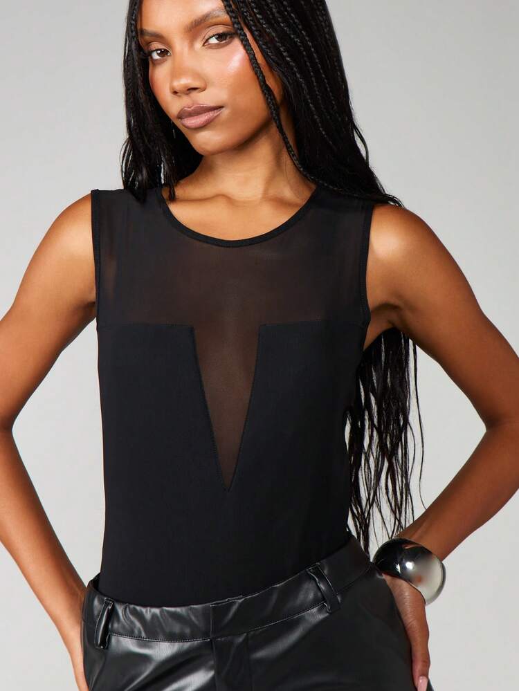MISSGUIDED Mesh Panel Long Sleeve Bodysuit With Sheer Details For Nightlife And Club Occasions