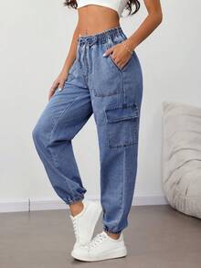 SHEIN Tall 女士休闲修身工装牛仔裤，蓝色 - 中等水洗藍 - 查看 5