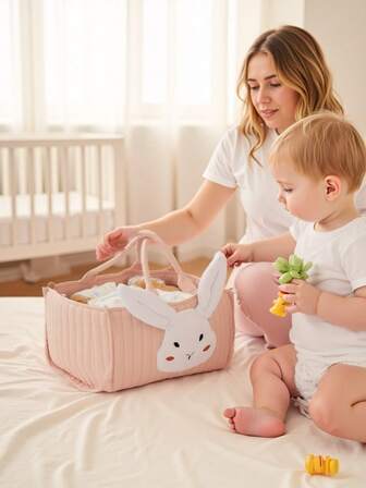 婴儿必备用品，粉色兔耳朵造型婴儿收纳篮，适用于存放尿布、婴儿礼物、婴儿洗衣篮