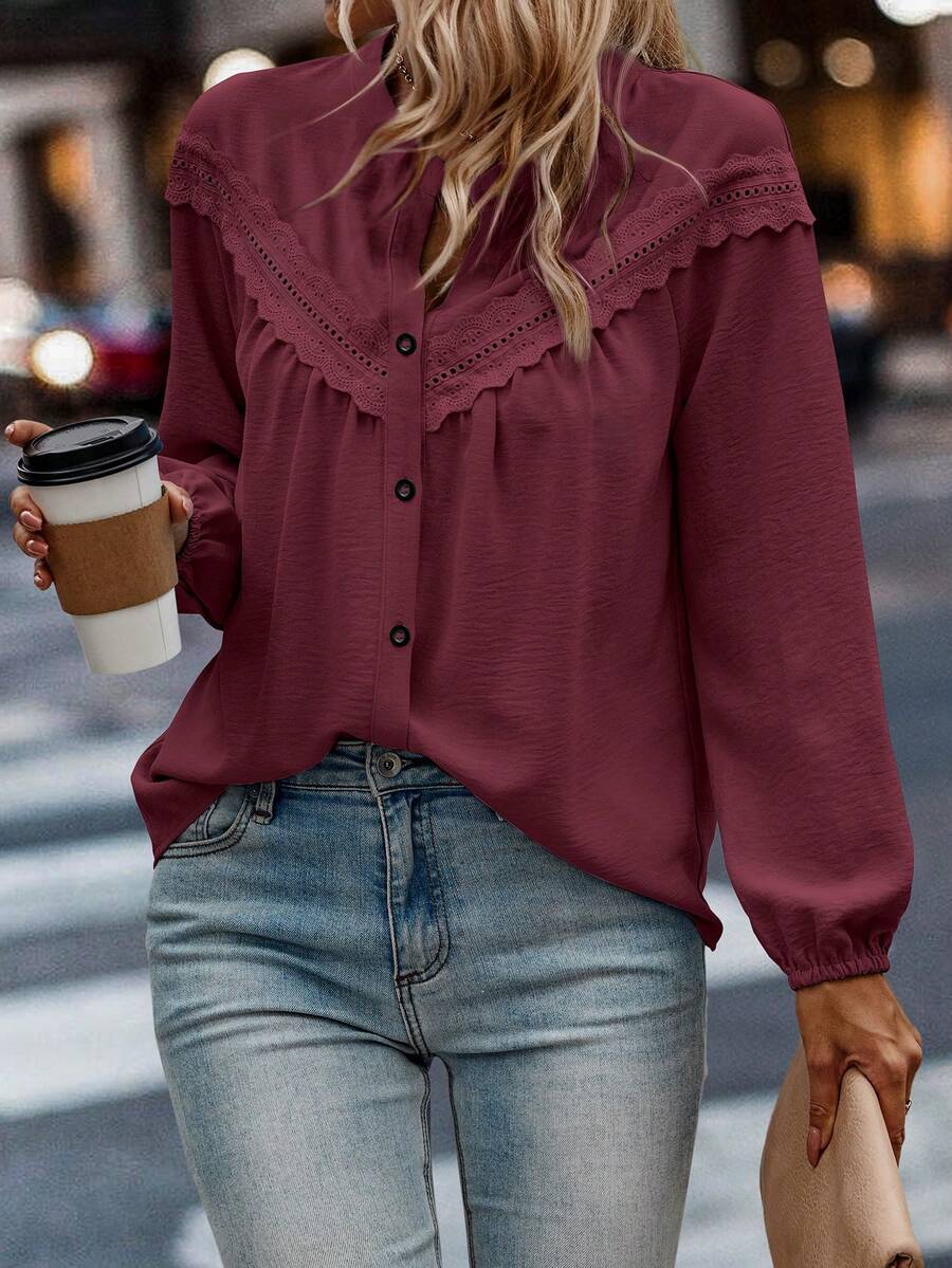 SHEIN LUNE Plus Size Casual & Work Solid Color Lace Trim Blouse - Burgundy - View 1