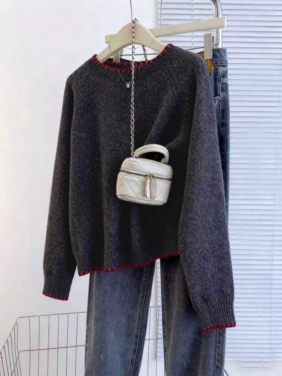 Franclia 休闲宽松圆领长袖针织撞色饰边插肩袖杏色女式套头衫，春秋