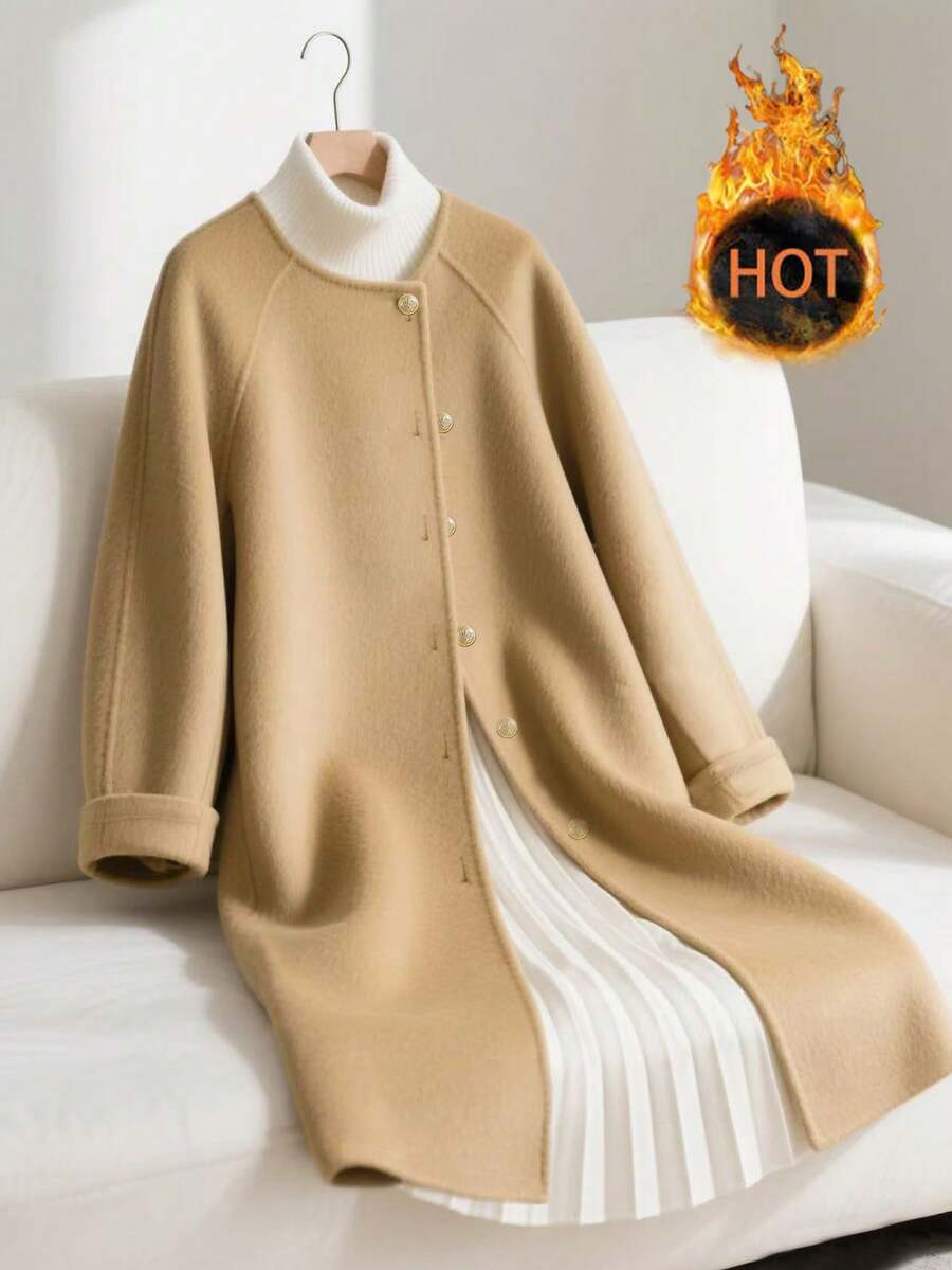 Franclia 女士中长款圆领纽扣宽松羊毛大衣，秋冬 - 駝色 - 查看 1