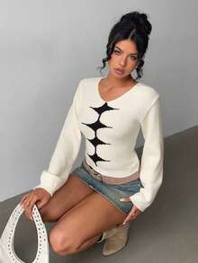 Jeanoix Damen Kontrast-Farbmuster Langarm Strickpullover