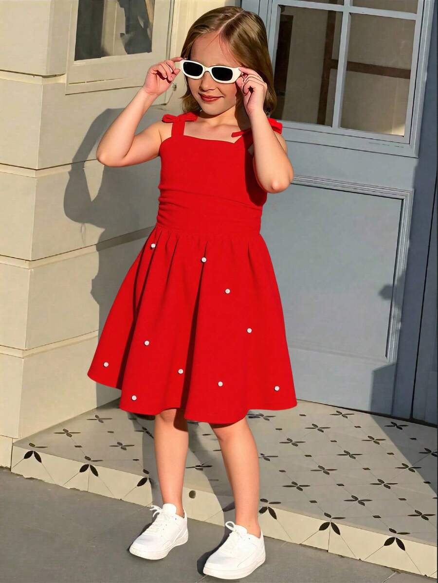 Elladie kids 年轻女孩女孩大红色肩带蝴蝶结褶皱可爱无袖中长连衣裙，串珠，珍珠，优雅，适合派对，休闲，夏季 - 紅色 - 查看 1