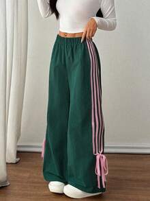 SHEIN PETITE Women's Green Side Contrast Pink Bowknot Elastic Waist Pants Y2k Pants Drawstring Pants Green Pants Track Pants Wide Leg Pants