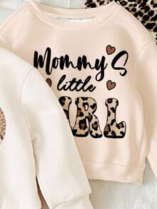 SHEIN Happikins 女婴三件套，奶油色和米色复古豹纹爱心图案及“Mama's Little”字样休闲宽松柔软圆领套头卫衣，秋冬季 - 彩色 - 查看 5