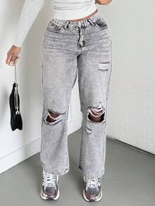 Alexandranx High-Waisted Ripped Loose Y2K Autumn And Winter Warm Jeans Thermal Denim - Light Grey - View 5
