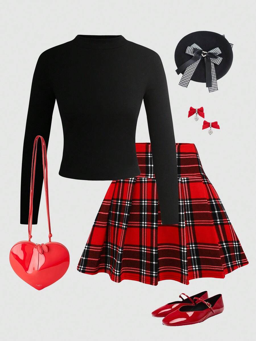 SHEIN Teen Girl Elegant Casual Mock Neck Long Sleeve T-Shirt And Plaid Pleated A-Line Skirt Set - Multicolor - View 1