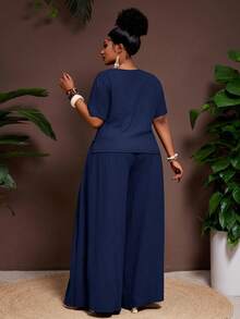 Veslaya 2025 春夏新款休闲度假优雅海岛度假派对纯色皱褶面料修身下摆短袖上衣和松紧腰阔腿裤大码女装两件套 - 藏蓝色 - 查看 2