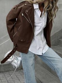 Aveloria Modichic Fashionable PU Leather Motorcycle Jacket For Women, New Slim Fit Stand Collar Long Sleeve Short Bomber Coat, Spring & Autumn  - Coffee Brown - View 7