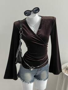Comfortcana Autumn Fashionable Commuter Solid Color Flare Sleeve Wrap Top   Brown Tops  Elegant Chic Velvet  Y2K Style Top  Christmas - Brown - View 1