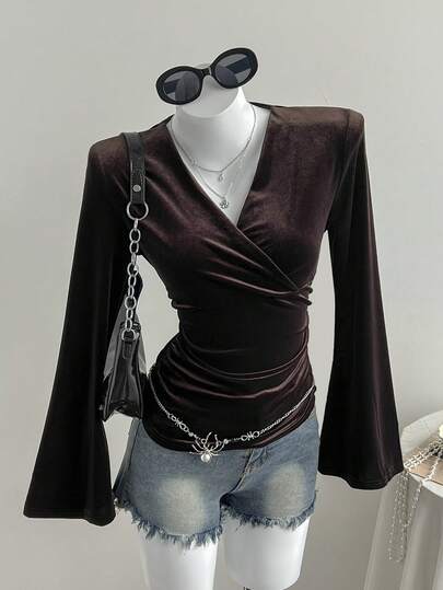 Comfortcana Autumn Fashionable Commuter Solid Color Flare Sleeve Wrap Top   Brown Tops  Elegant Chic Velvet  Y2K Style Top  Christmas