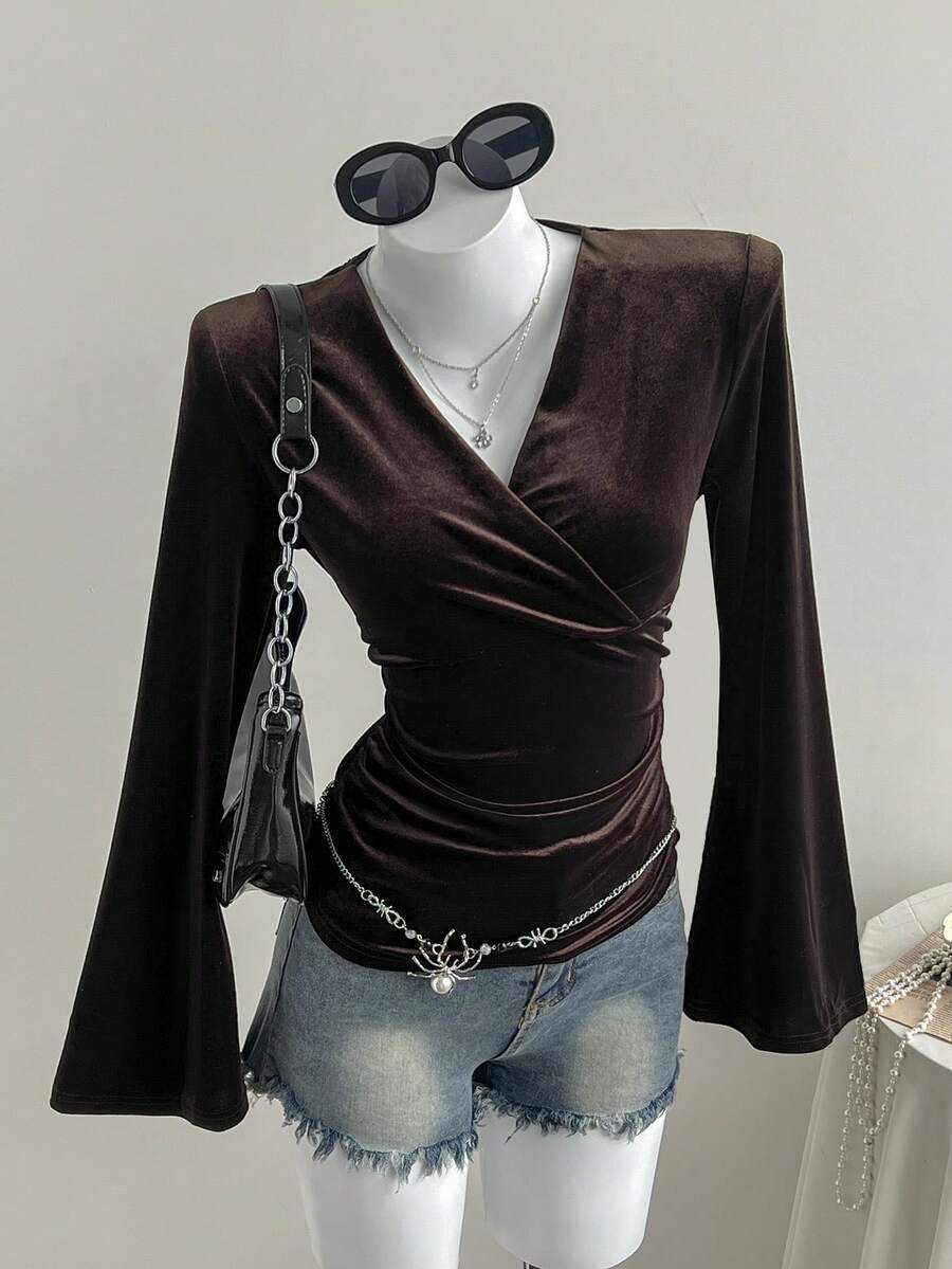 Comfortcana Autumn Fashionable Commuter Solid Color Flare Sleeve Wrap Top   Brown Tops  Elegant Chic Velvet  Y2K Style Top  Christmas - Brown - View 1