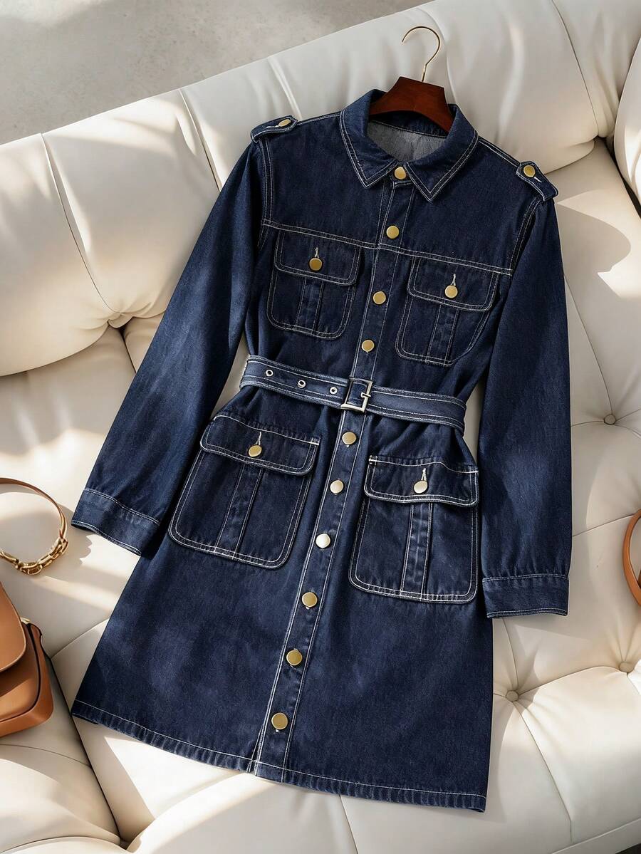 GlowEve 女式休闲时尚街头风格翻盖口袋扣带宽松牛仔连衣裙，春秋季 - 深色水洗藍 - 查看 1