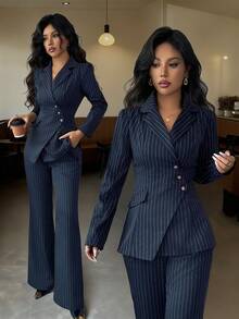 Elenzga Women's Navy Blue Striped V-Neck Asymmetric Lapel Single Pocket Design Waist Cinched Long Sleeve Jacket And Pocket Pants Suit, Elegant Professional Outfit