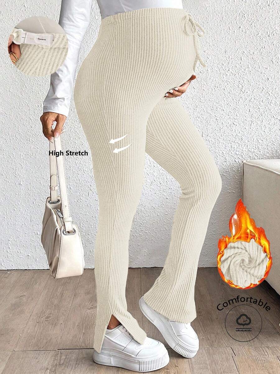 SHEIN Pregnant Women's Ribbed Skinny Slit Pants - Apricot - View 1