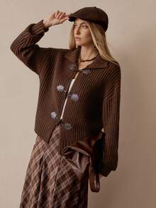 Florisole Women's Casual Commuting School Style Vintage Horn Button Cardigan Sweater, Autumn/Winter Daily Casual - Brown - View 7