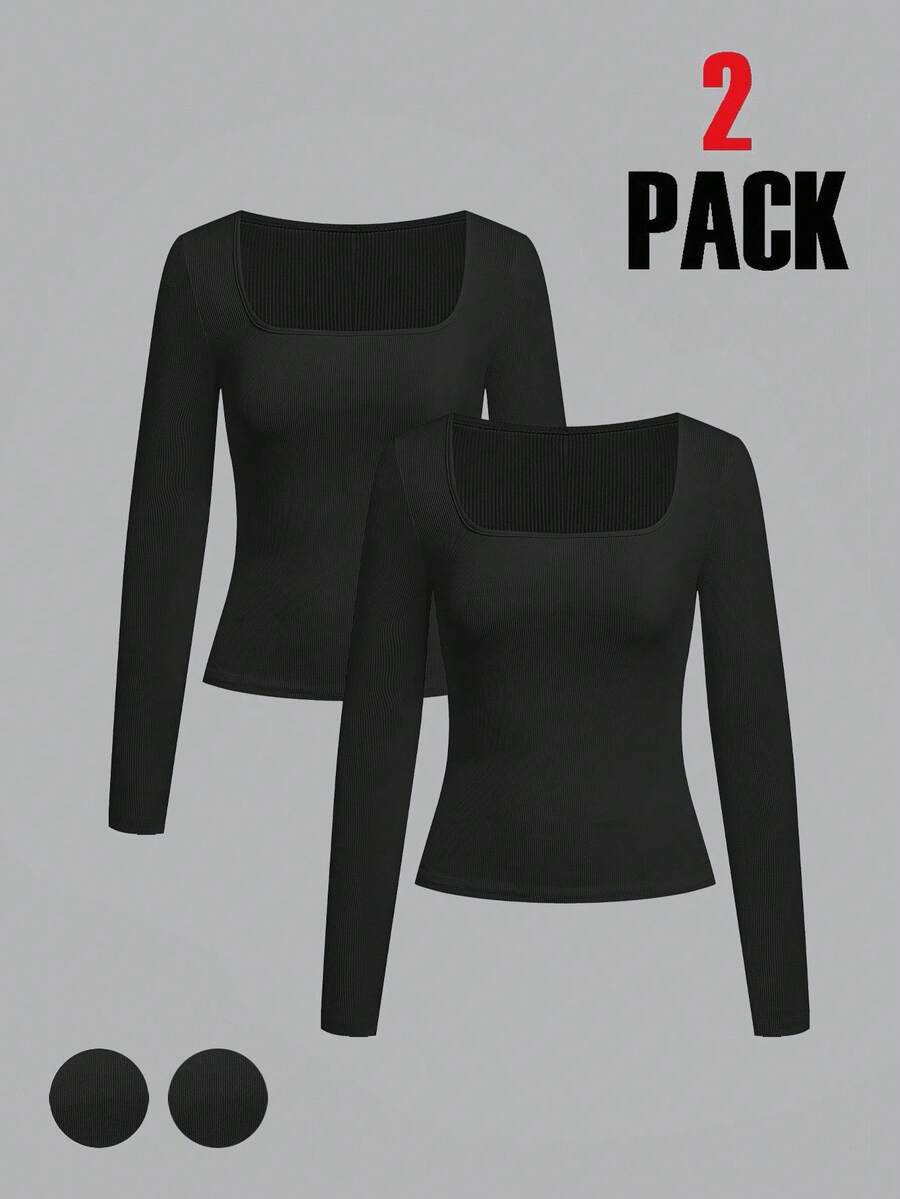 SHEIN EZwear Bộ 2 áo thun dài tay cổ vuông ôm vừa vặn, thích hợp cho mùa thu/đông - màu đen - Xem 1