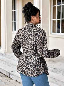 Elenzga Camisa Casual de Tecido Estampada com Estampa de Leopardo para Uso Diário, Tamanho Grande - Castanho - Visão 2