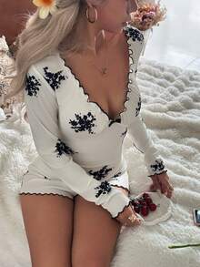 CottageSlumber 女士印花V领荷叶边蝴蝶结装饰长袖连体衣，冬季 - 黑色 - 查看 5