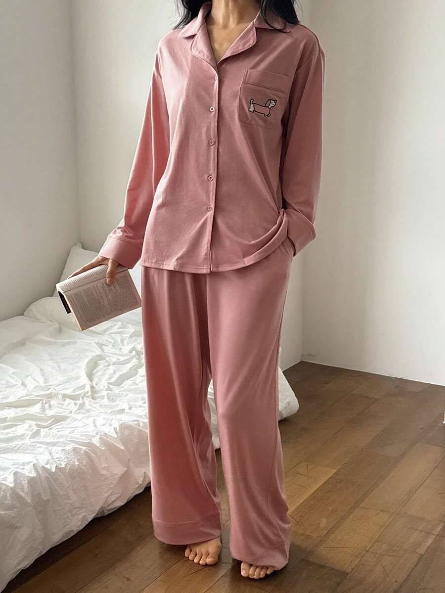 DAZY Conjunto de pijama feminino com estampa de dachshund, blusa de manga comprida com botões e calça, ideal para outono e inverno. - Rosa - Ver 1