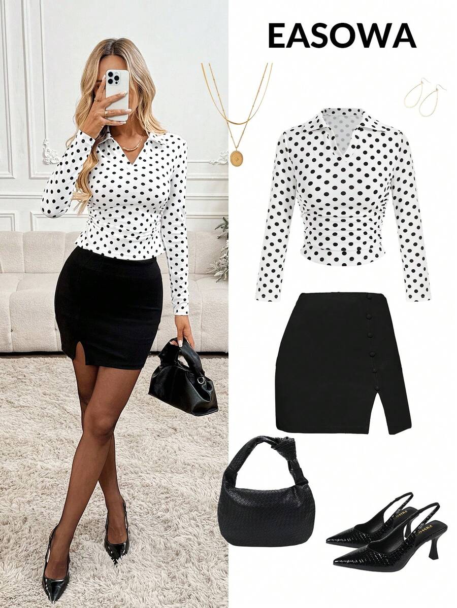 Easowa 秋季 Polo 领侧褶皱休闲运动舒适打底 T 恤，秋冬休闲感恩节白色上衣，女士外出上衣，2025 新款秋季时尚女士白色束身胸衣，圣诞节