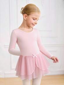 SHEIN 年轻女孩时尚户外纯色针织紧身连衣舞裙，蝴蝶结装饰，弹力柔软运动服 - 粉色 - 查看 4