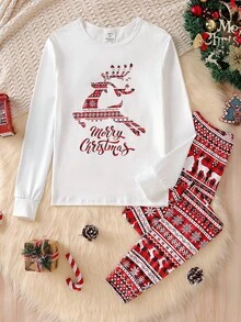 青少年男孩圣诞卡通鹿印花长袖上衣 + 卡通鹿格子长款舒适睡衣 - 白色 - 查看 3